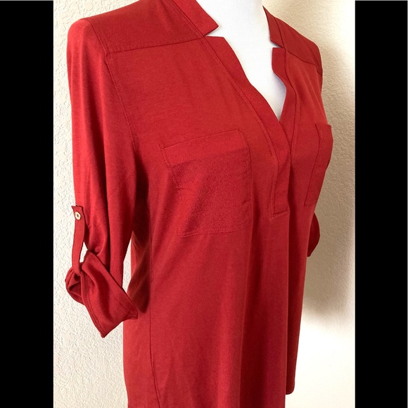 Red blouse 3/4 sleeves V neck Calvin Klein knit top 
roll up sleeves blouse top - Picture 2 of 9